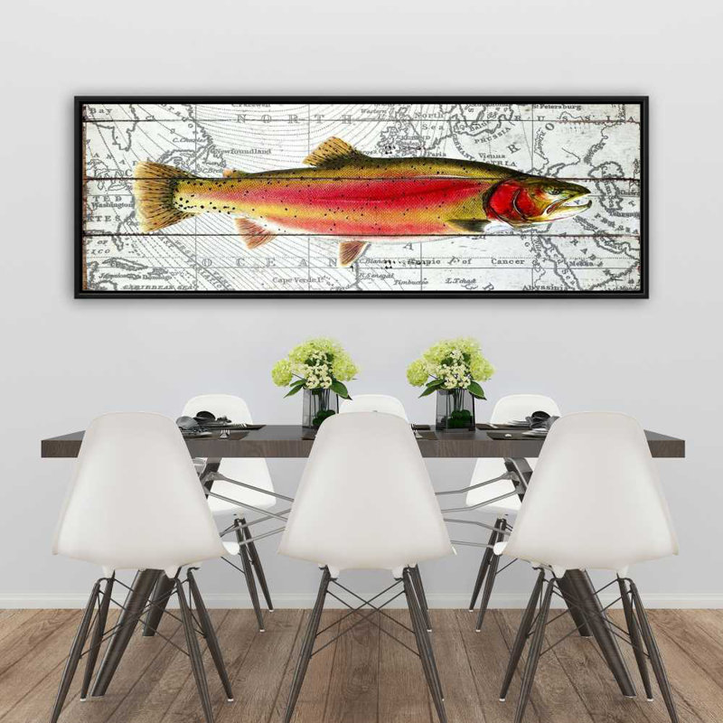  Truite sur une carte - Toile encadrée, décoration aquatique