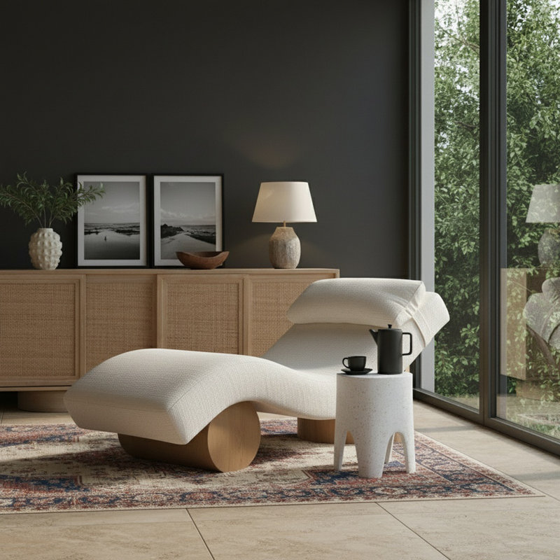 Marcella Fabric Chaise Lounge, Cream Polyester Fabric, Natural