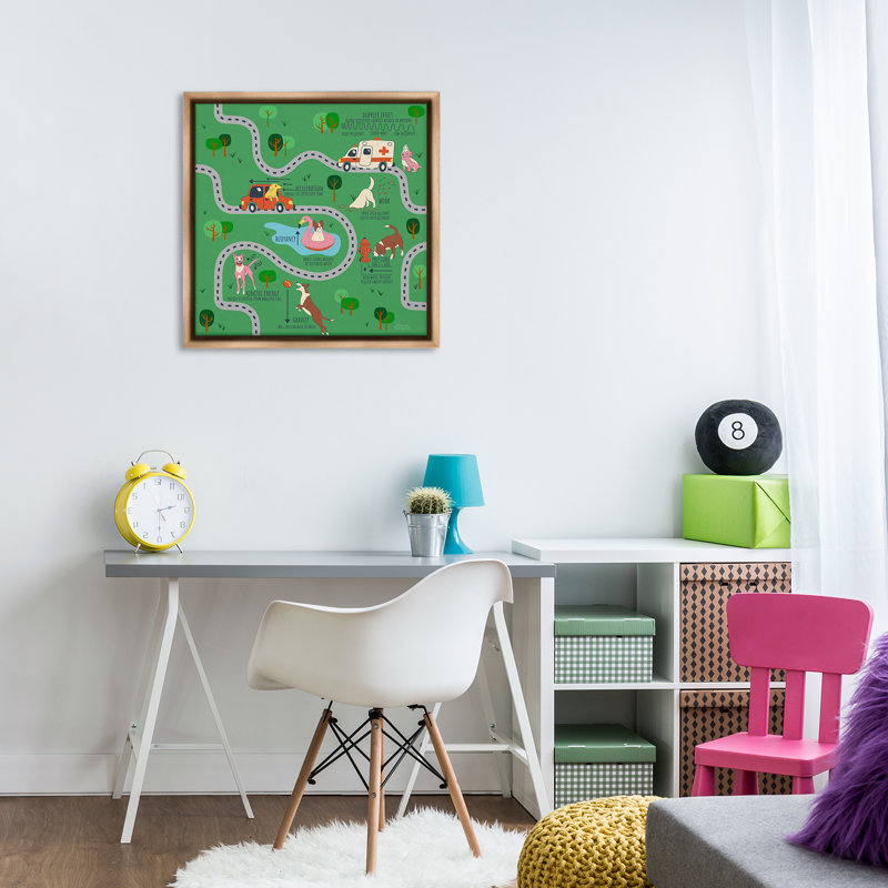 "Whimsical Dogs Map", art mural encadré flottant par Carrie Cantwell, H 25 po x l 25 po, Cadre flottant orme Montalcino