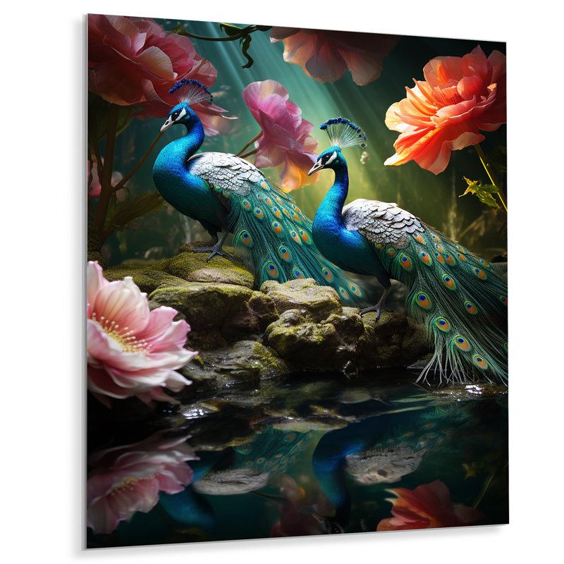 Art mural indien bleu, corail dansant paons III - animaux, salon, H 40 po x l 30 po x P 1 po
