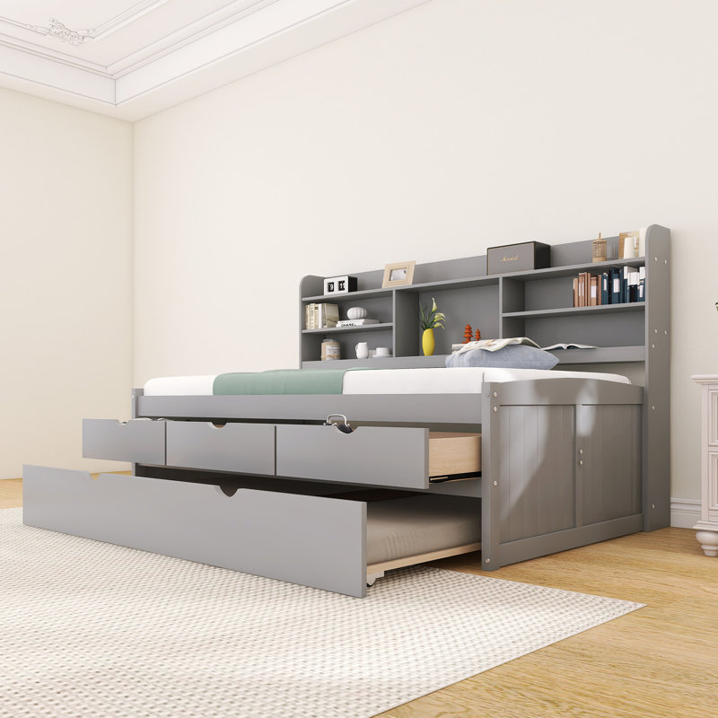 Wooden Daybed With Bookshelves, Storage Drawers And Trundle, Gray, Twin