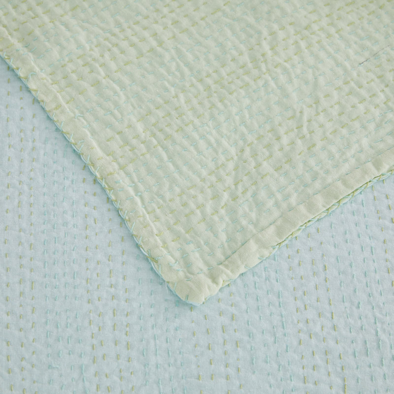 Handstitch Reversible Color Kantha Coverlet, Twin Extra Long Coverlet, Teal
