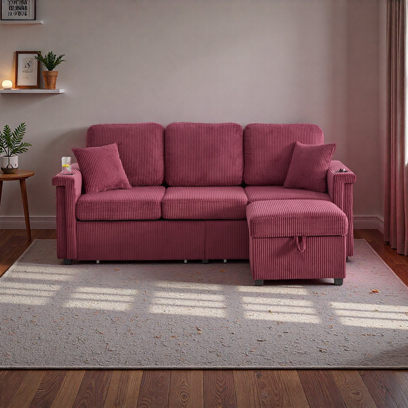 L-Shaped Sectional Sofa With Pull-Out Storage,Ottoman & Pillows 3-Seat With USB Charging,Cup Holder, Convertible Design For Living Room, Apartment, Corduroy Fabric