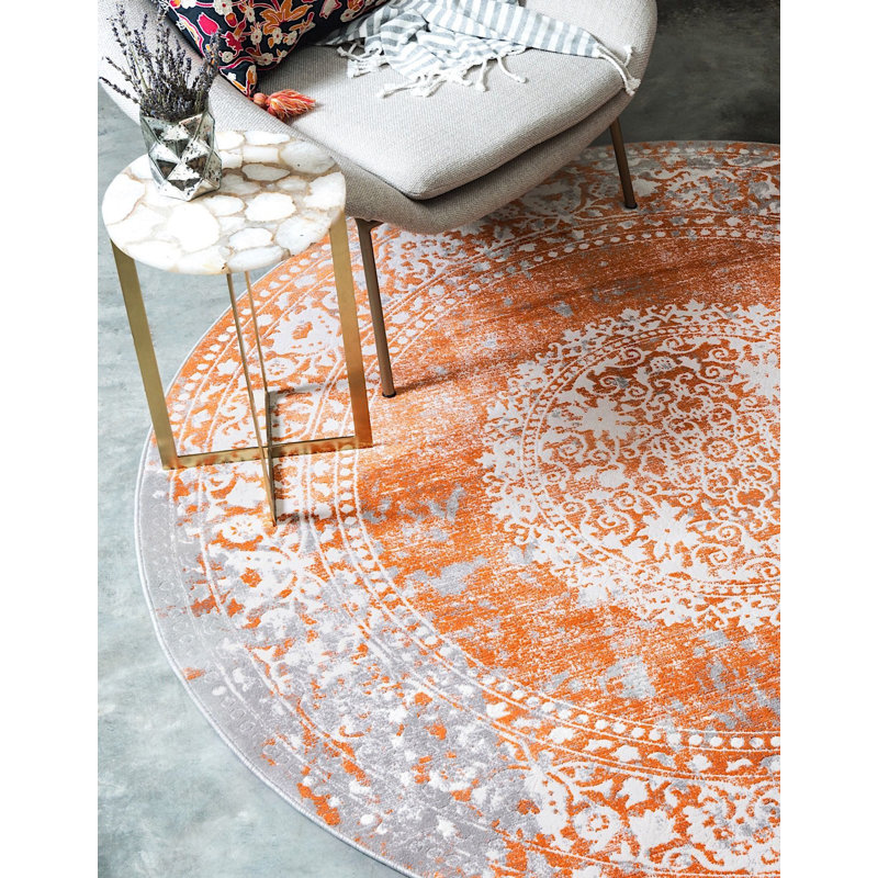 Tapis orange à motif géométrique Pharaoh, Rond 6 pi
