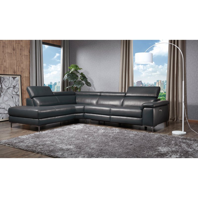 Bryd Upholstered Power Reclining L-Shaped Sectional, Left Hand Facing, Black Genuine Leather