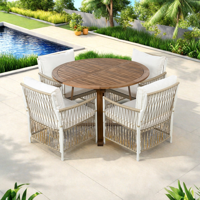 Ensemble de table de salle à manger 5 pièces pour patio inclus 1 table basse extensible, 4 fauteuils en rotin avec coussins et structure en fer