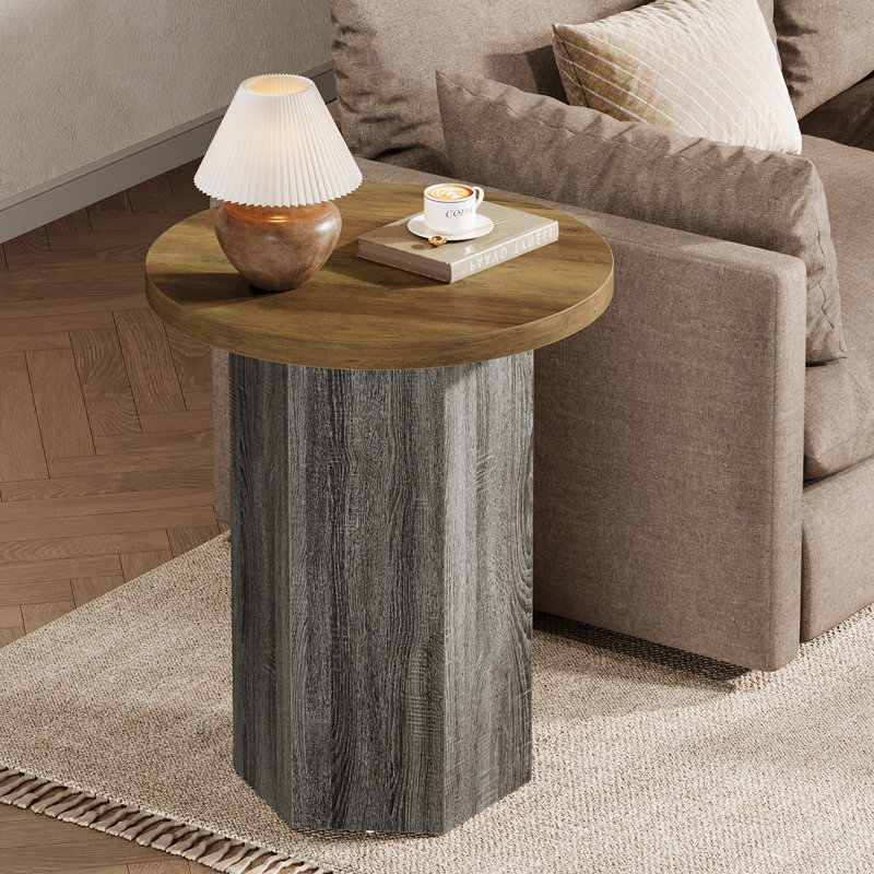Table de bout ronde, table d'appoint en bois de ferme avec piédestal hexagonal