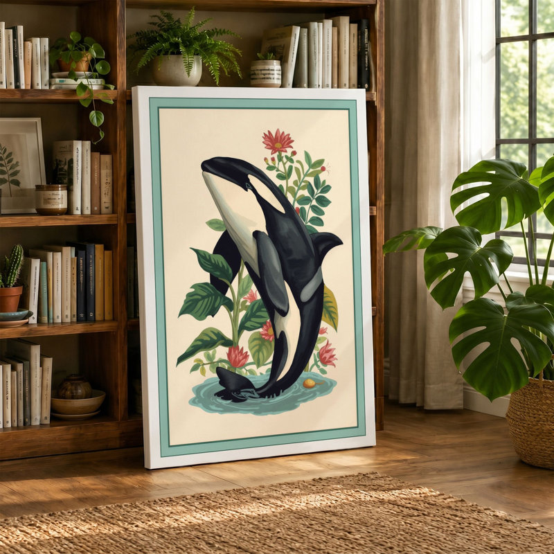 Leaping Orca in Bloom Botanical - Wrapped Canvas, 30x20 - 76.2 x 50.8 cm, Ochre Border