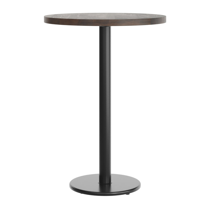Round Solid Wood Commercial Tabletop with Round Bar Height Base, Dark Brown Wood, 42"H x 30"L x 30"W, Black