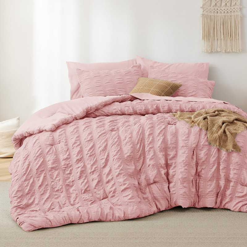 Ensemble de literie pour lit simple dans un sac - 5 pièces ensembles de literie à carreaux en tissu écossais, ensemble de lit bohème rose pâle et léger avec édredons taille simple, draps, taie d'oreiller et taie décorative