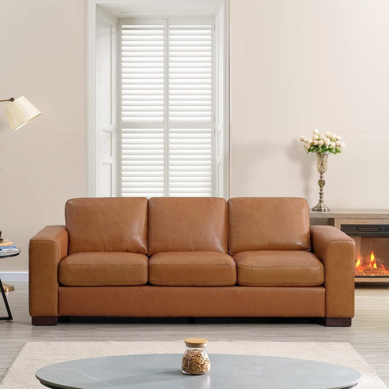 Oversized Genuine Leather Sofa – Deep Seat Square Arm Couch for Contemporary Living Room, Tan Genuine Leather