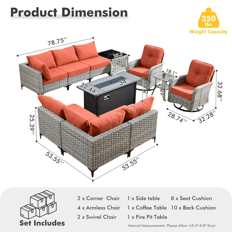 10 Piece Patio Furniture With Fire Pit Table, Outdoor Rattan Wicker Conversation Set With Glowing Coffee Table, Comfy Sectional Sofa Set With Swivel Rocking Chairs For Porch Balcony Backyard Pool