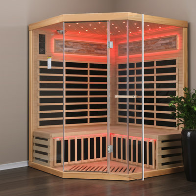 Infrared Sauna For Home 4 Person Indoor Sauna Hemlock Wood Corner Saunas 240v 2595w With Red Light, Oxygen Bar, Bluetooth Speakers