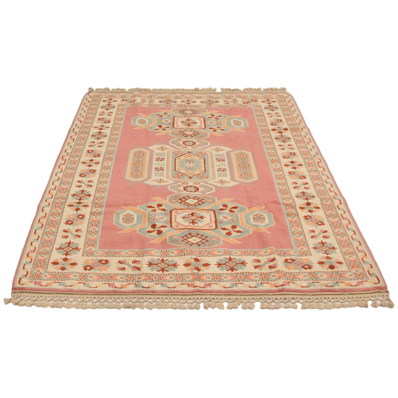 Tapis décoratif beige en laine de conception unique 6 pi 10 po x 9 pi 3 po noué à la main
