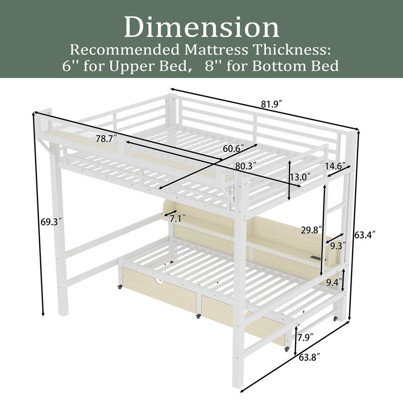 Bunk Bed With Storage Shelves And Drawers,Multifunctional Metal Bunk Beds With USB Ports And LED Lights, Lower Bed That Can Be Converted Into A Sofa