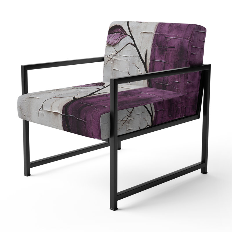 Purple Leaves Plum Precision - Upholstered Scandinavian Arm Chair, Leaf Botanical Accent Chair, Black