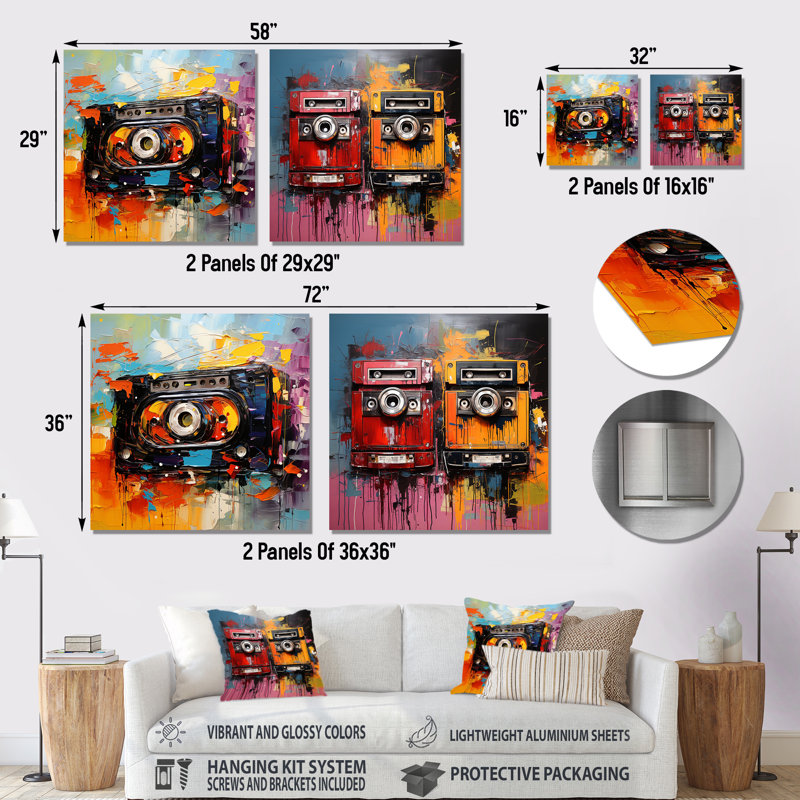 Caméra colorée colorée Insta Gram I - cassettes, impressions murales en métal, ensemble carré de 2, H 36 po x l 72 po