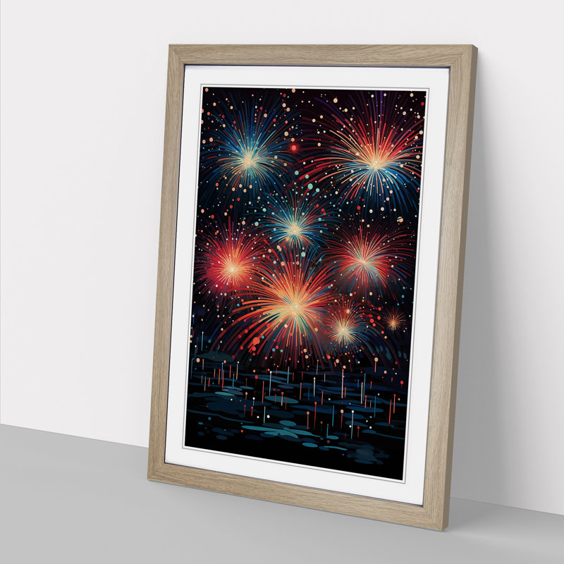 Fireworks Geometric - Single Picture Frame Print on Wood, Oak, 64cm H x 46cm W x 2cm D