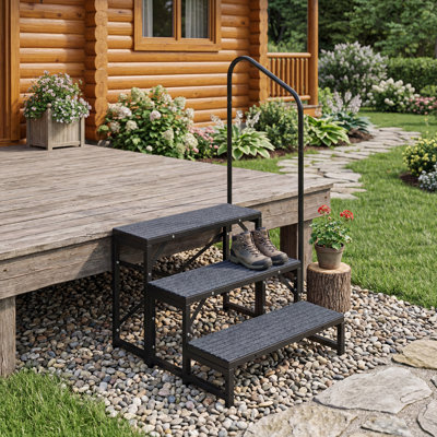 21.25 Inch Wide 3-Tier Portable RV Entry Steps, Heavy-Duty Anti-Slip Outdoor Stairs with Single Support Handrail, For Camper, Travel Trailer, Motorhome, Porch & Hot Tub Spa