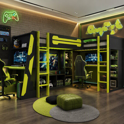 Structure de lit de jeu simple en L en forme de L avec lumières à DEL RVB, lits doubles, ports USB, meuble télé et tablettes de rangement, disposition réversible, conception peu encombrante pour les adolescents et les adultes