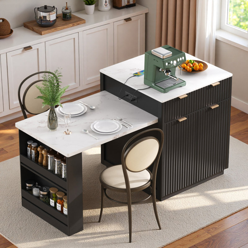 Îlot de cuisine cannelé avec table de salle à manger extensible, prise de courant, rangement double, 2 tiroirs et 2 tablettes ouvertes latérales