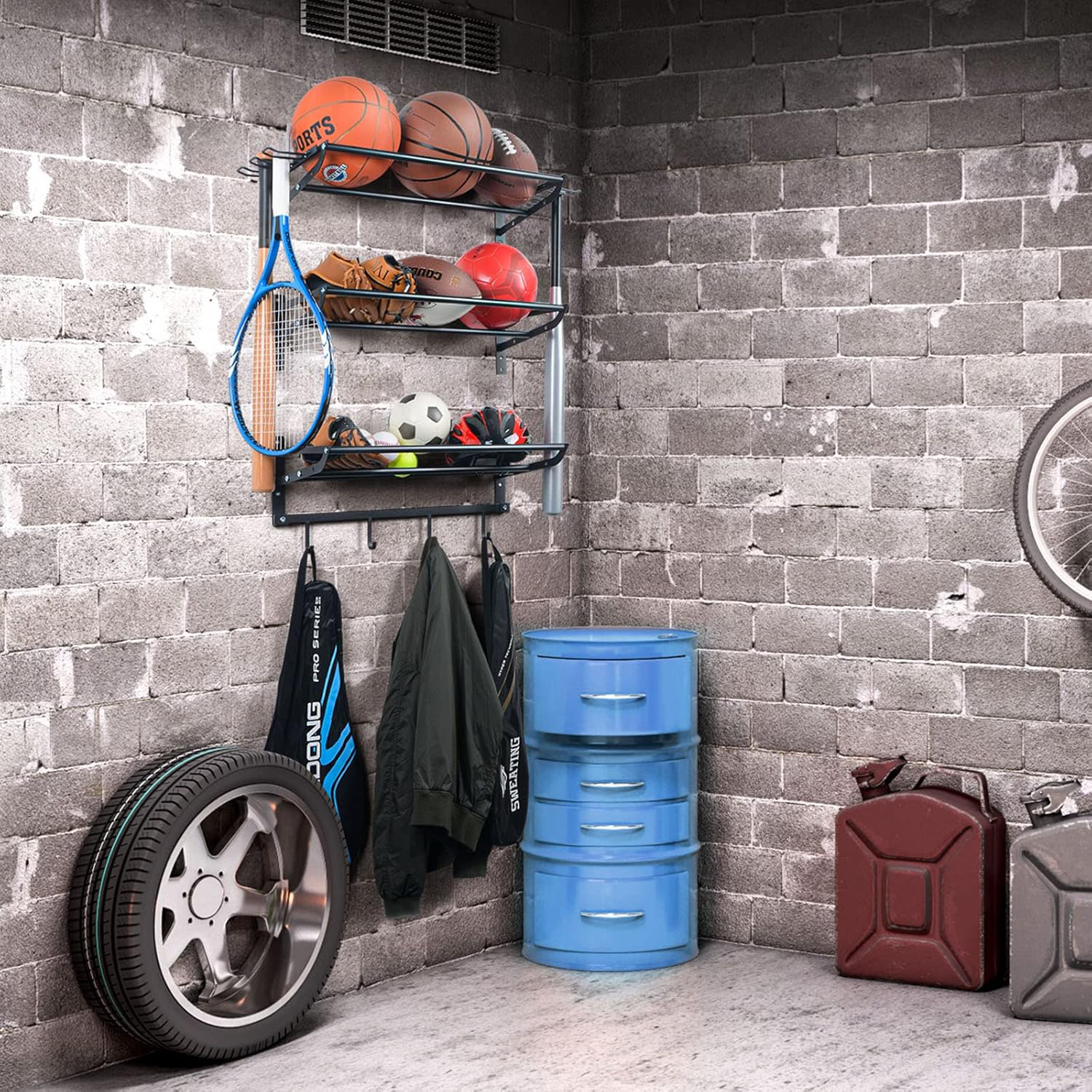 Rebrilliant Garage Sports Equipment Storage Rack with 3 Separate Shelf ...