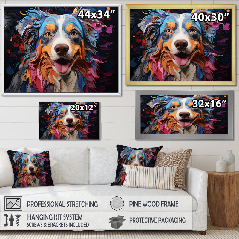 Chien, berger australien, impression sur toile, Cadre simple blanc, H 30 po x l 40 po x P 1,5 po