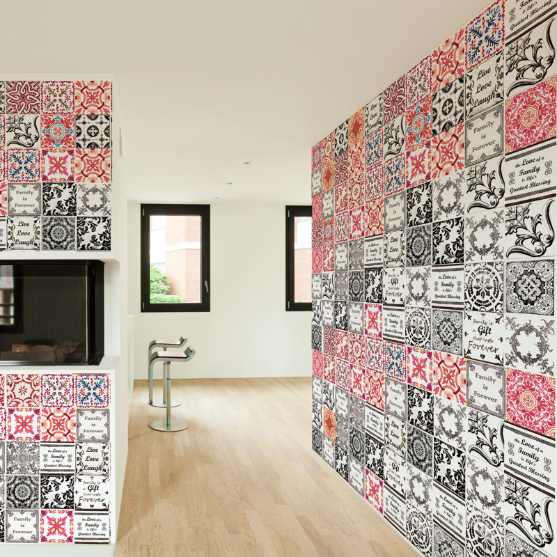 Moroccan Black and Red Vintage Azulejo Mix PVC Mosaic Tile Sticker - 15cm x 15cm, 1 Pack