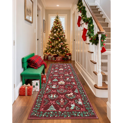 Tapis de Noël lavable à la machine – Motifs vintage de Noël avec casse-noisette, bonhomme de neige, sapin et chalet, envers antidérapant, tapis à poils courts