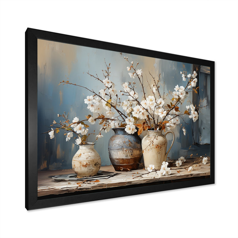 Art mural de poterie et de fleurs nature morte I, H 34 po x l 44 po, Cadre simple noir, Noir