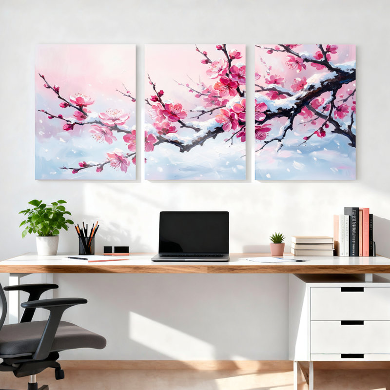 Ensemble de 3 tableaux sur toile représentant des branches enneigées et des fleurs de cerisier, pour la décoration du salon, de la chambre et de la maison.