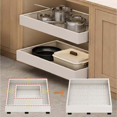 Lot de 2 organisateurs de placard extensibles et coulissants, largeur et profondeur réglables, tiroirs coulissants sans perçage avec support à 3 rails pour cuisine et garde-manger