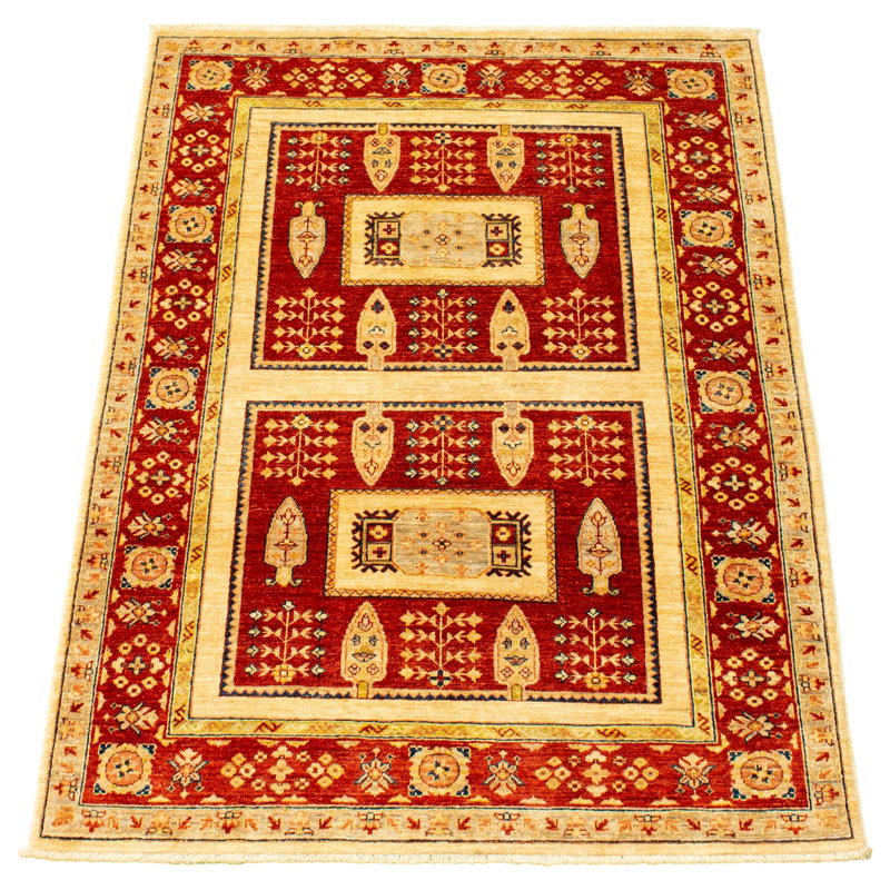 Tapis décoratif en laine noué à la main de conception unique 3 pi 11 po x 5 pi 10 po « New Age » en laine rouge/beige