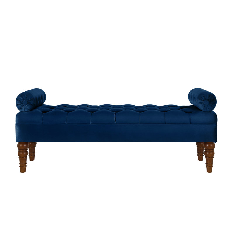 Mobilier de chambre à coucher en velours bleu marine avec base en bois massif et accoudoirs