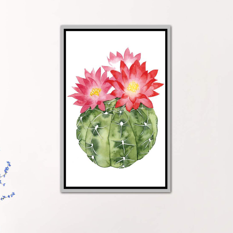 « cactus fleuri iii » par grace-pop, reproduction d’art, Toile avec cadre argenté, H 40 po x l 26 po x P 1,5 po