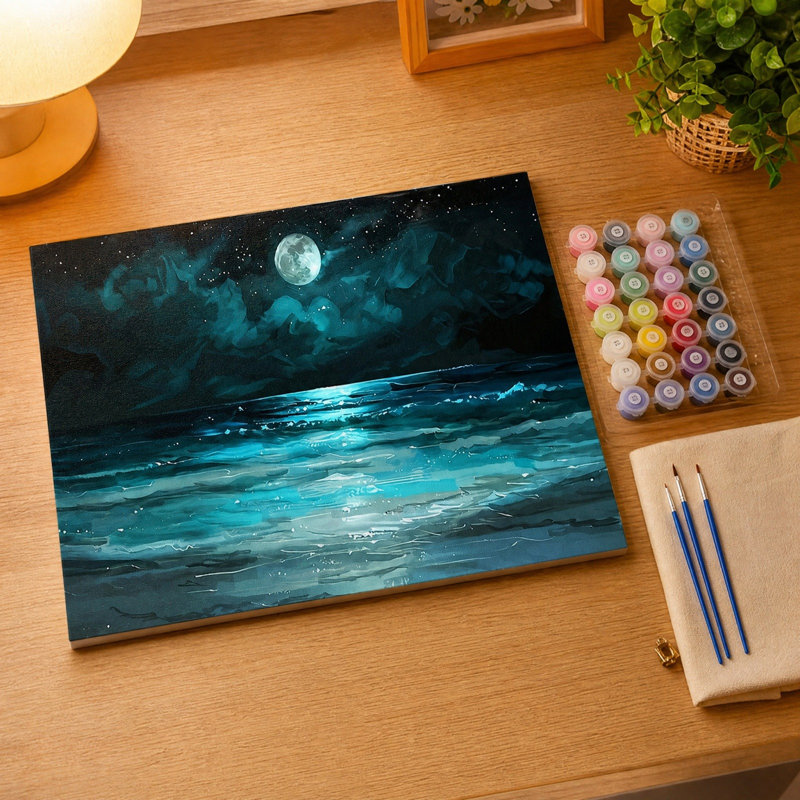 Trousse de peinture par numéros DIY pour adultes, motif de scène nocturne, comprenant toile, pigments acryliques et pinceaux, idéal pour la décoration murale de votre maison.