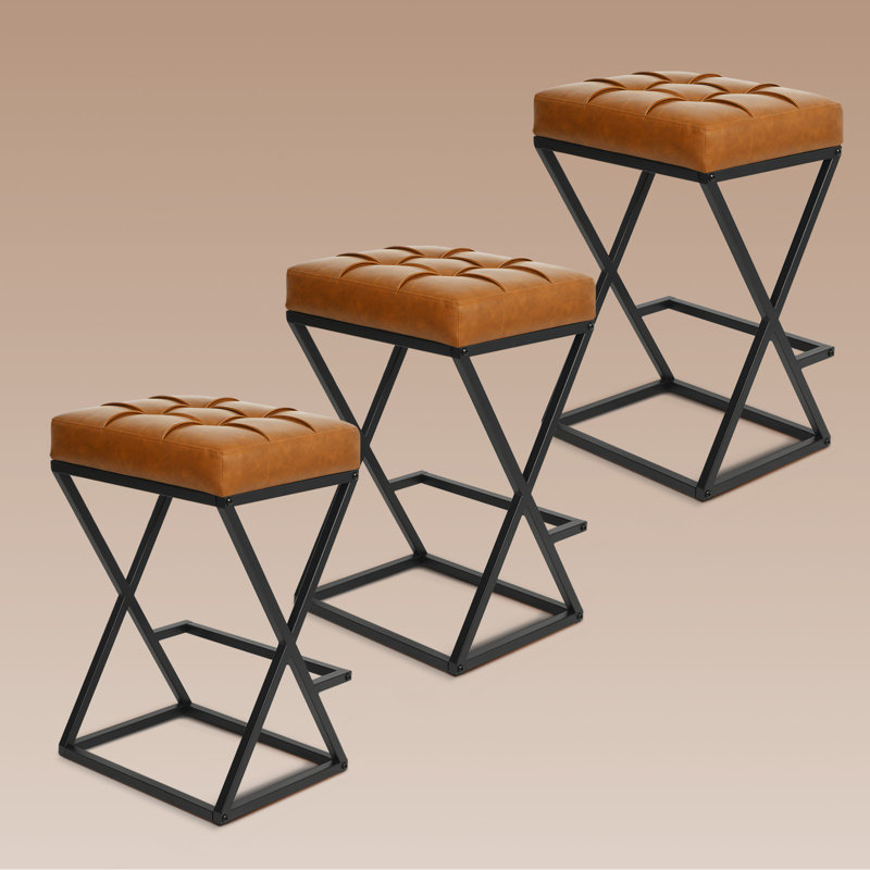 Mid-century 26" Upholstered Counter Height Bar Stools Backless Industrial Barstool, Brown, 3