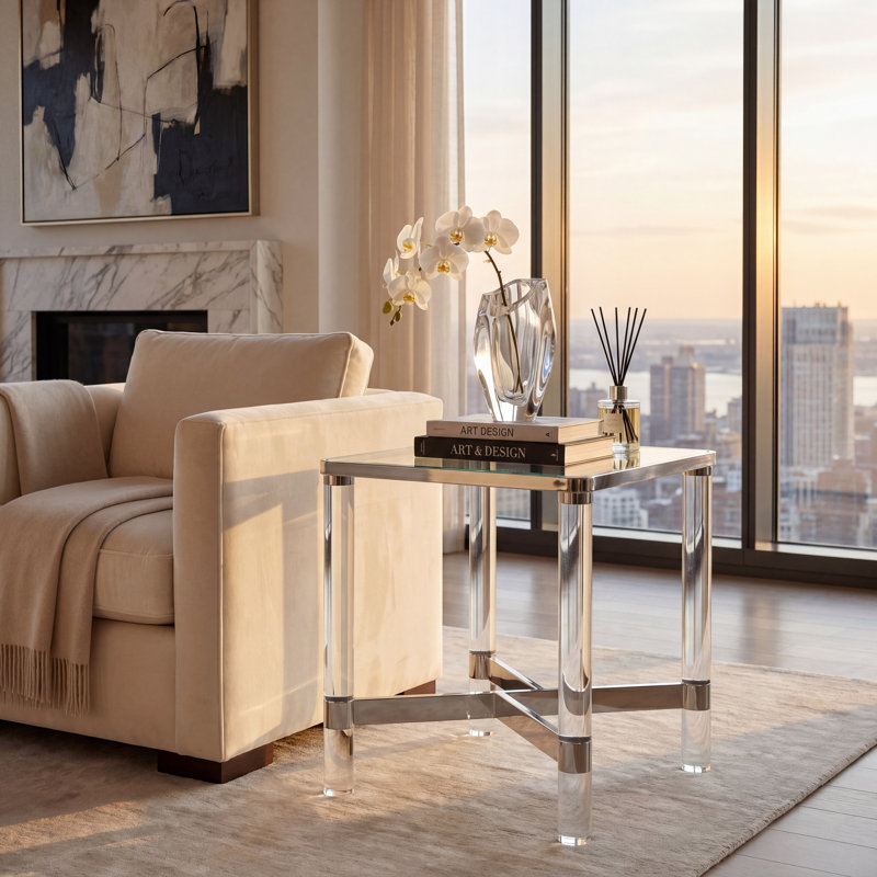 Mechille Glass Top End Table, Sliver