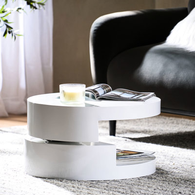 Petite table basse rotative contemporaine avec compartiment caché, finition blanche brillante, rangement rotatif 23,62 x 23,62 x 12,99 po, brillant