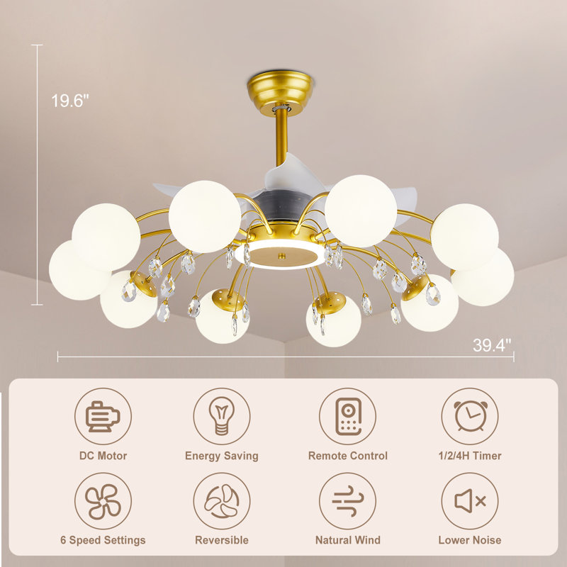 39.4" Bladeless Ceiling Fan with Remote and 10 lights, Gold