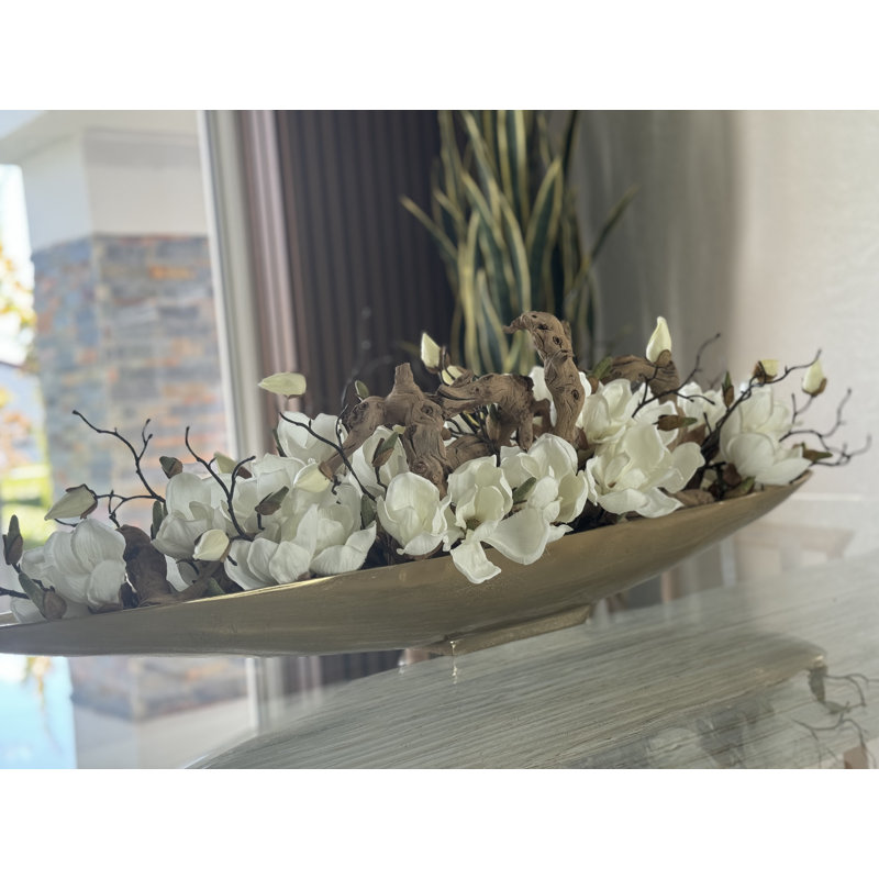 Driftwood and Denver Boat Magnolia Centerpiece, 8" H x 40" W x 5" D, Gold