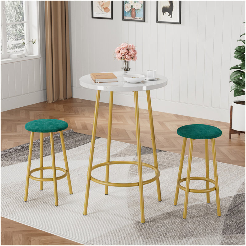 Ensemble de table de bar 3 pièces avec 2 tabourets de bar - table de pub moderne, Blanc / Doré