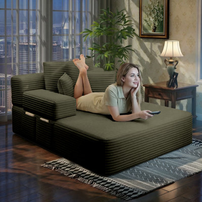 Corduroy Convertible Chaise Lounge Compression Sofa Bed Sleeper with Storage Pockets & 3 Pillows, Modern Oversized Sleeper Couch for Living Room, No-Assembly