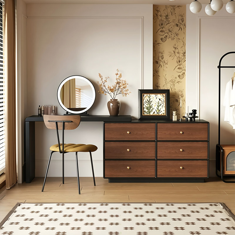 Modern Vanity Desk with 6 Drawers and Rotatable Extension Table, Walnut Finish