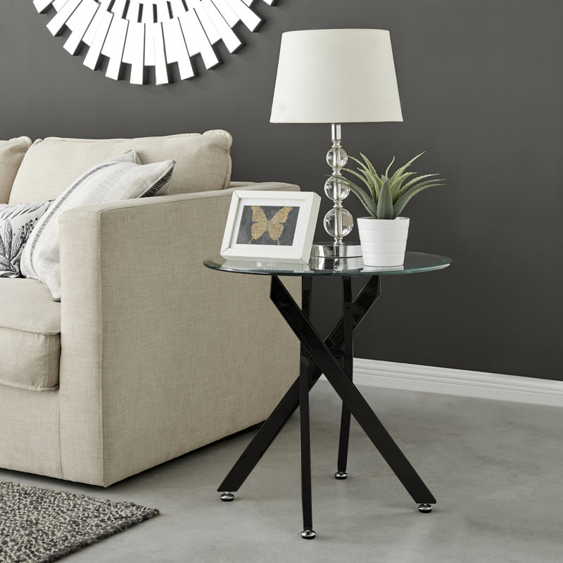 Rantoul Modern Contemporary Glass and Round Small Side Table - Sofa Side Table, Black