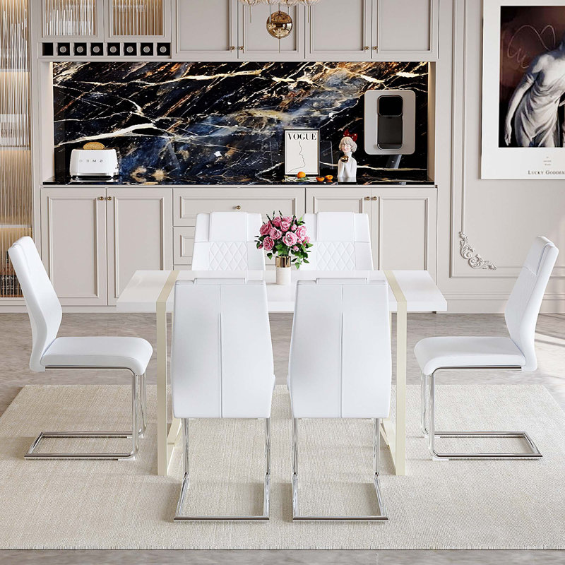 7Pc MDF Dining Table Set, White