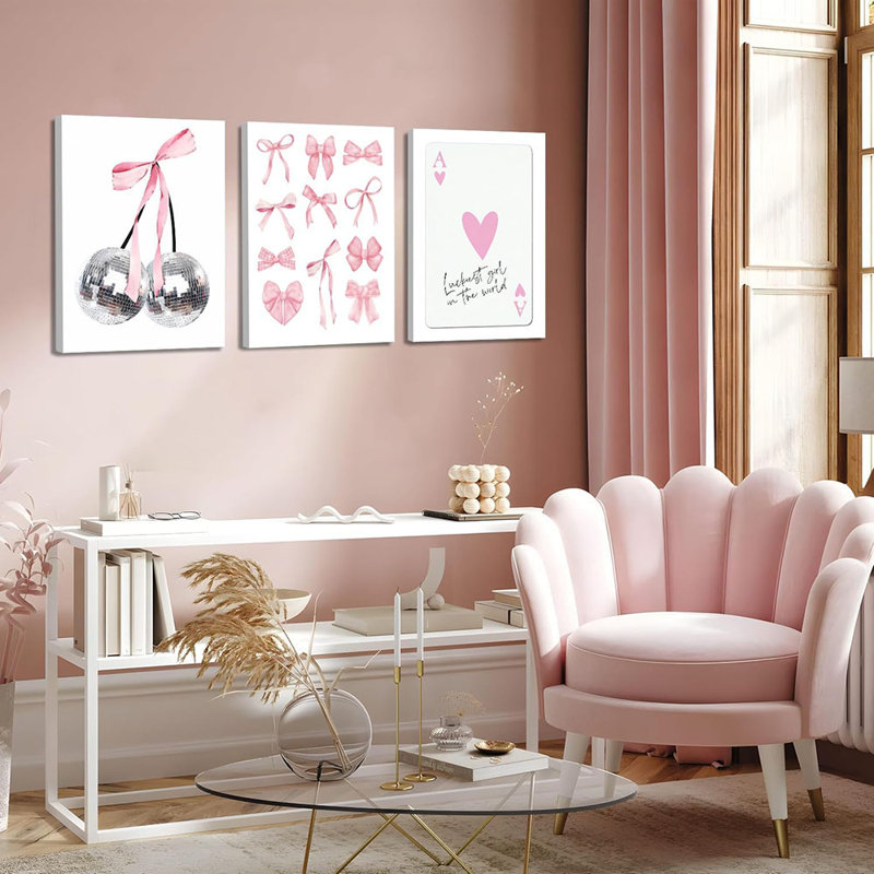 Pink Bows Wall Art Set Of 3, Preppy Coquette Wall Decor, Trendy Disco Ball And Lucky Card Poster Canvas Prints For Teen Apartment Bedroom Living Room Aesthetic Framed