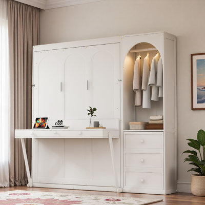 Murphy Bed with Stoarge Shelf, Desk, LED Light, Wardrobe and 3 Drawers
