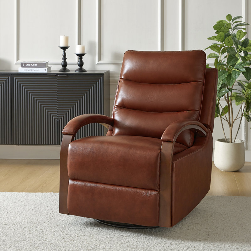 Azilda 29" Wide Genuine Leather Manual Swivel Rocking Standard Recliner, Brown Pebbled Top Grain Leather