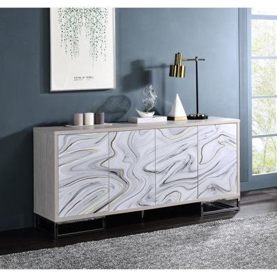 Console Cabinet With White Marble-Like Finish & , 4 Spacious Storage Areas, 16 In. D Elegant Marble Paint Cabinet, Storage, 30 High, 65 Wide